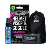 Kit de limpieza MUC-OFF para cascos, gafas y pantallas: Spray 35 ml + paño + bolsa transporte